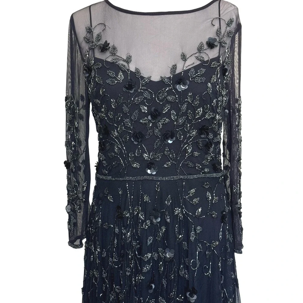 THEIA Beaded Floral Illusion Sleeve Evening Gown Gala Regency Glam Dress Navy 10